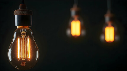 Close Up Of Three Hanging Filament Lightbulbs With Glowing Warm Light Against Dark Background