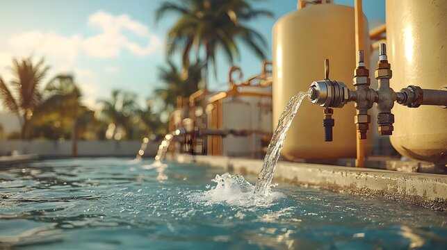 Futuristic desalination plant with advanced technology converting seawater into clean drinkable water showcasing innovation in water treatment and sustainable resource management