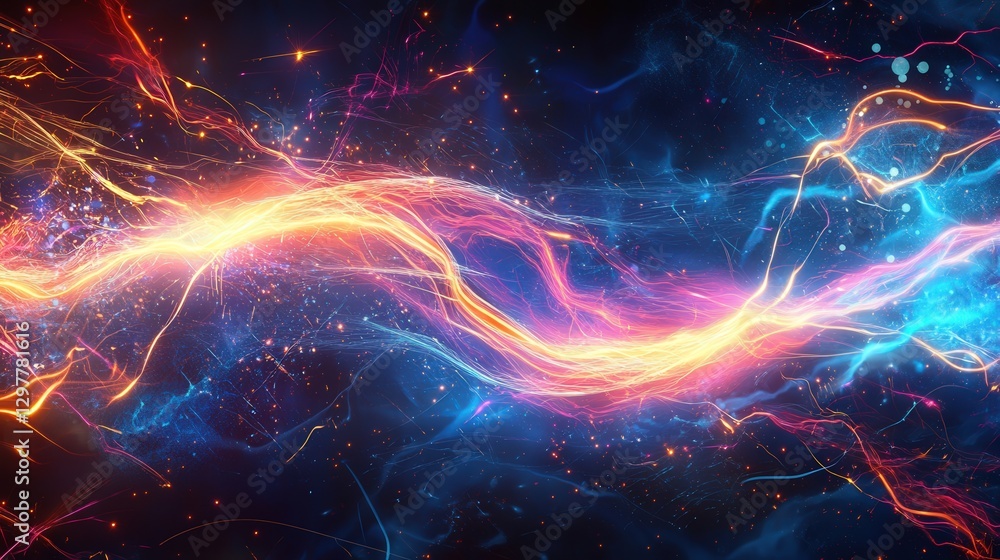 Poster holographic foil design with sharp prismatic light, casting a surreal glow across a futuristic metal
