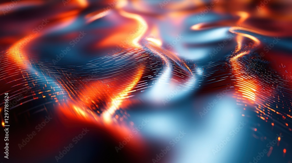 Poster holographic foil design with sharp prismatic light, casting a surreal glow across a futuristic metal
