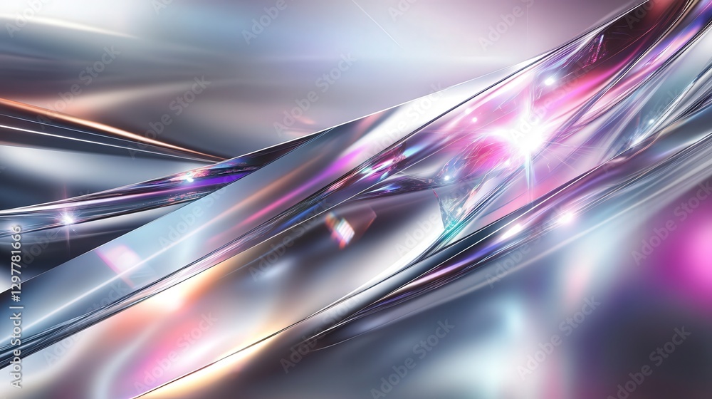 Poster holographic foil design with sharp prismatic light, casting a surreal glow across a futuristic metal