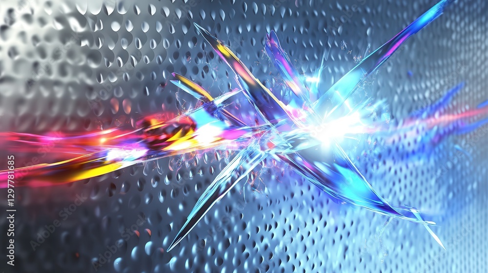 Poster holographic foil design with sharp prismatic light, casting a surreal glow across a futuristic metal