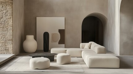 Minimal Living Room with Neutral Sofa and Modular Storage