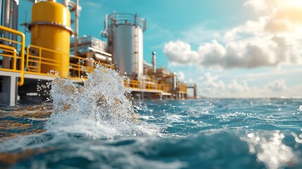 Obraz premium Futuristic Desalination Plant Converting Seawater into Drinking Water Symbolizing Innovation in Water Technology and Sustainable Resource Management
