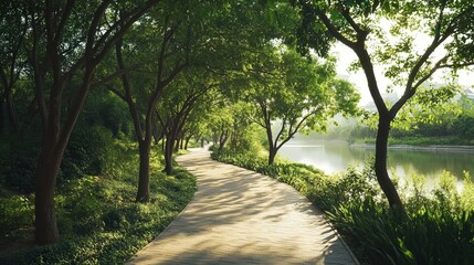 Obraz premium riverside path where rain trees provide a cooling shade for passersby.