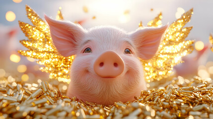 Fototapeta premium Cute Pig with Angel Wings Surrounded by Golden Coins and Sparks