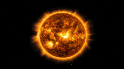 Obraz premium Glowing Orange Sun Sphere Against Black Space Background with Dynamic Fiery Surface