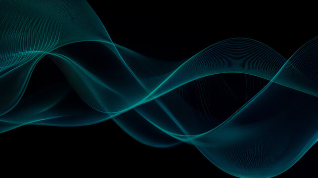 Abstract background vector illustration, with blue and teal lines on a black background, a wave-shaped design with a gradient effect, elegant curves, in a digital art style, high resolution, and a wid