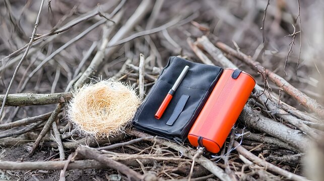 Carefully arranged emergency fire kit with dry tinder ferro rod and pocket bellows resting on a bed of dry twigs ready for outdoor survival and wilderness