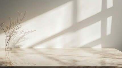 marble tabletop with warm beige undertones, soft natural lighting, and dynamic abstract shadows on a minimalist white wall background.
