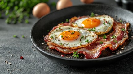 Black plate with cooked eggs and crispy bacon served for breakfast or brunch meal