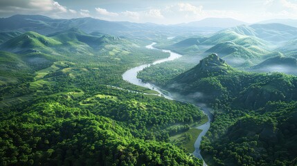 Fototapeta premium Aerial view of a winding river cutting through green valleys.