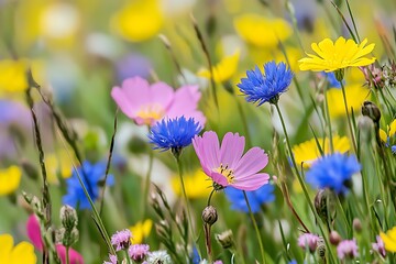 Fototapeta premium Meadow filled with colorful flowers. Background blur