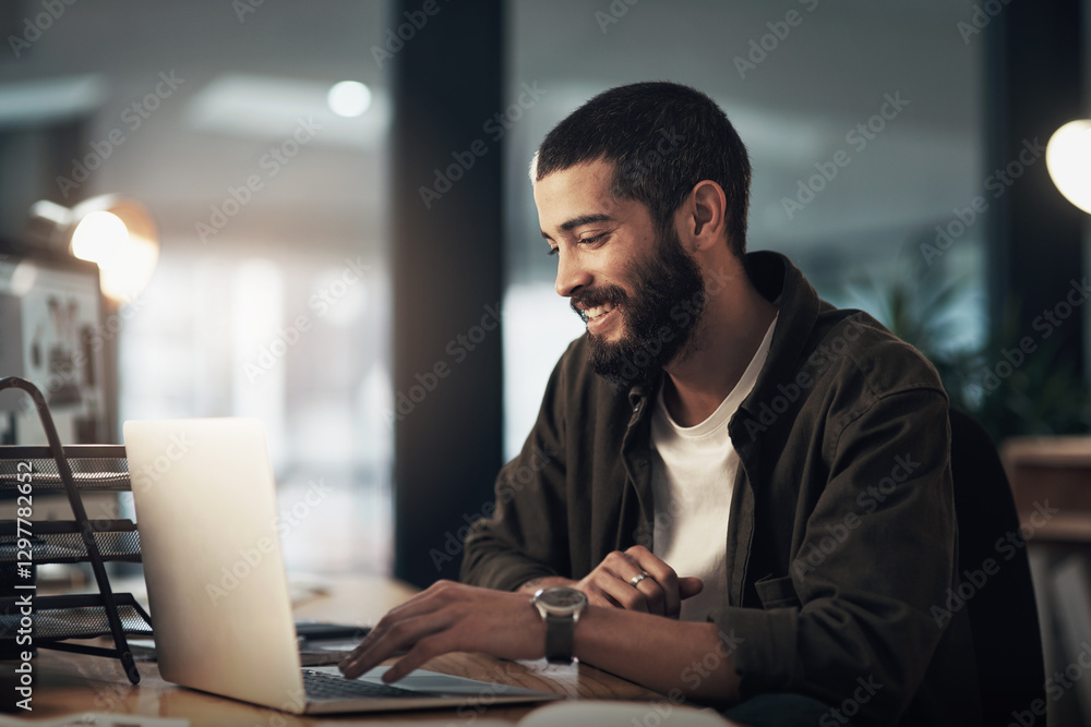 Aufkleber Design, laptop and programming with happy man in office at night for coding or computer engineering. Creative, research and smile with employee or programmer in workplace for project deadline