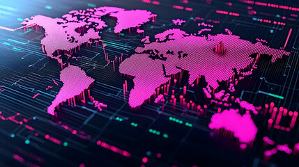 Obraz premium Digital World Map with Neon Pink Data Points and Circuit Pattern