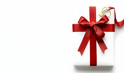 Elegant White Gift Box with Red Ribbon and Tag on White Background
