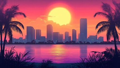 Pixel Art City Sunset: Pink and Orange Sky Over a Tropical Beach