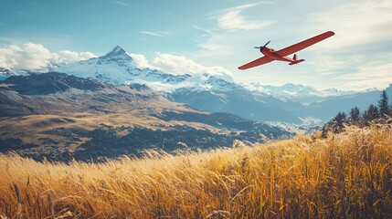 Red Airplane Flying Over Golden Autumn Field and Snow Capped Mountains