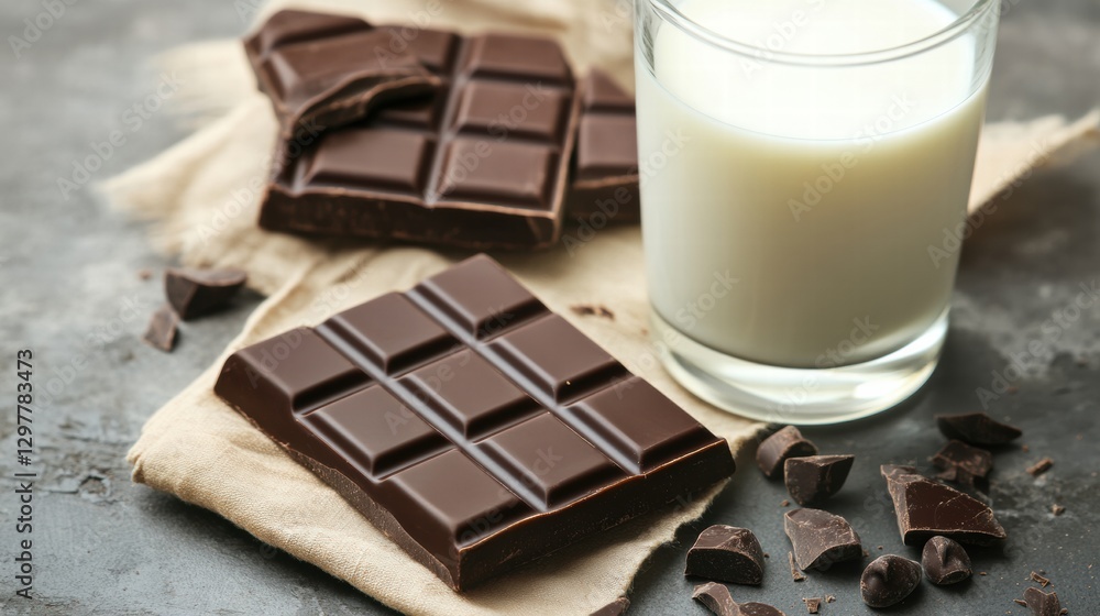 Aufkleber chocolate bar pieces with a glass of milk on a textured surface in a cozy setting. generative ai