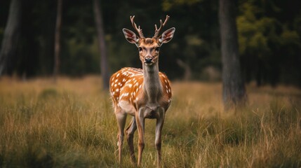 A young male fallow deer with antlers stands in a grassy meadow, looking directly at the camera.