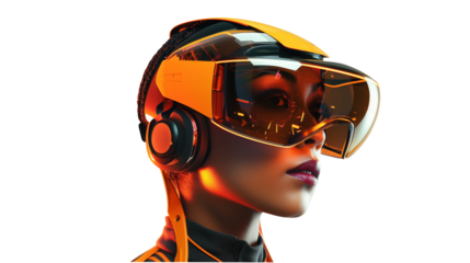 Futuristic Woman Wearing Virtual Reality Headset and Headphones in Cyberpunk Style