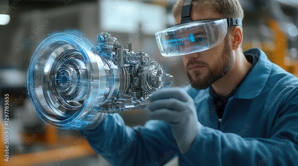 Poster modern factory where an engineer uses augmented reality to examine a holographic engine,