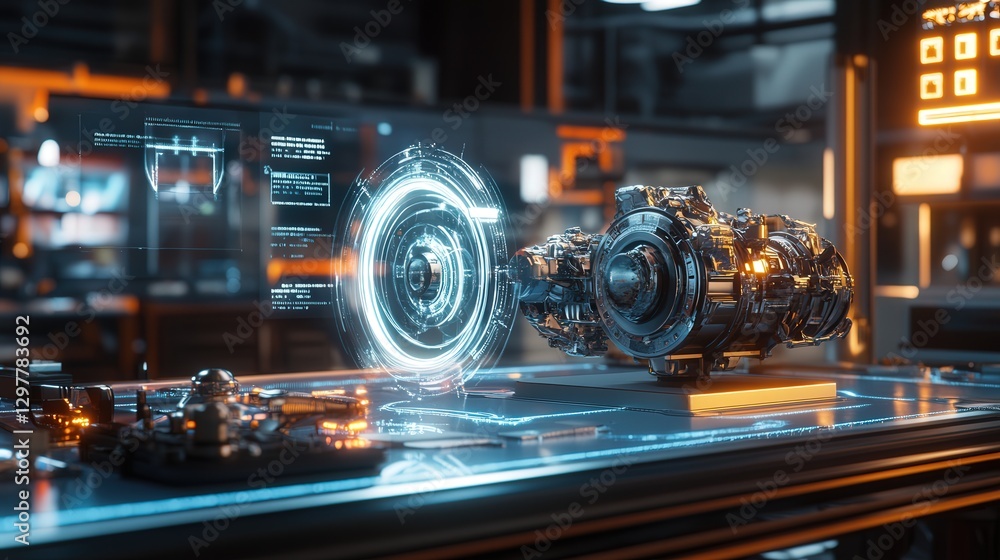 Poster modern factory where an engineer uses augmented reality to manipulate a holographic engine model,