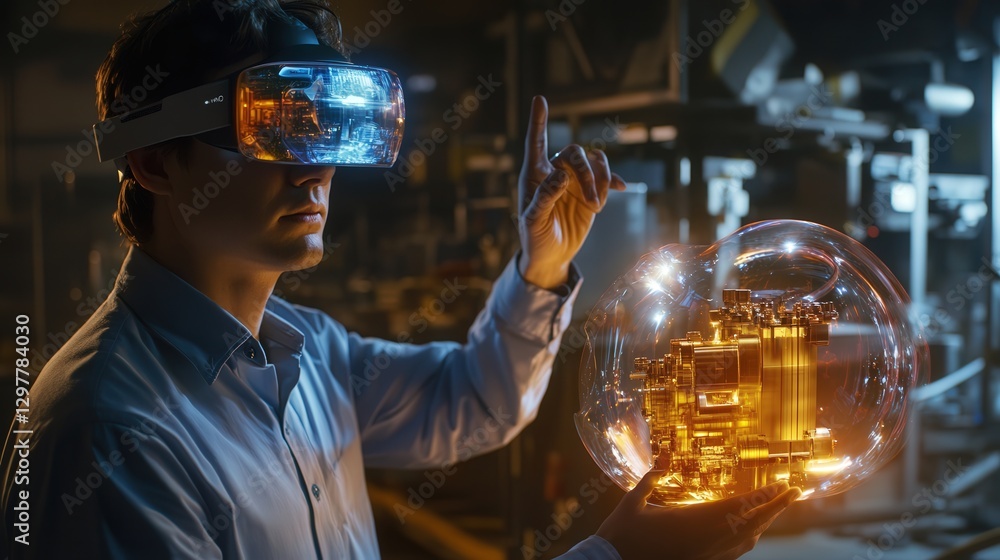 Poster advanced factory where a male engineer uses an augmented reality headset to analyze a holographic en