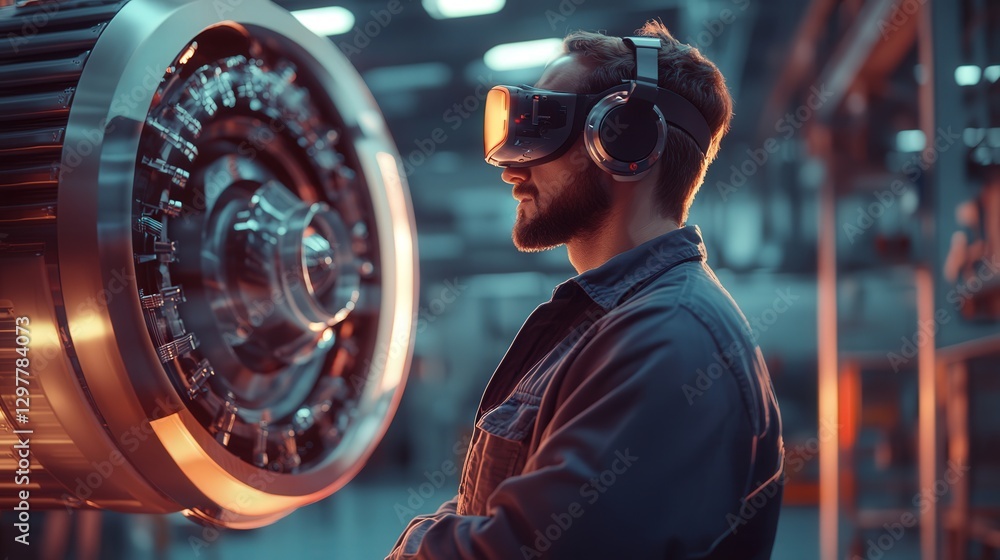 Poster advanced factory where a male engineer uses an augmented reality headset to analyze a holographic en