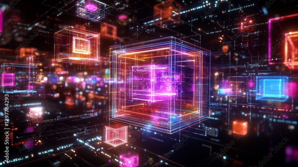 Poster abstract futuristic glowing cubes technology digital network visualization neon light cyber space da