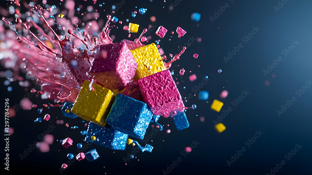 Aufkleber abstract composition of exploding colorful cubes with paint splashes against a dark blue background
