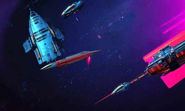 Spaceships navigate through a vibrant nebula, near a starbase in a futuristic universe