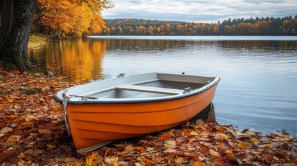 Fototapeta premium Autumnal Serenity Reflections on Lake Waters with a Classic Rowboat Resting Amidst Fallen Leaves in an Enchanting Seasonal Scenery