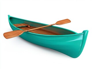 Teal Canoe And Wooden Paddles On White Backgrounds