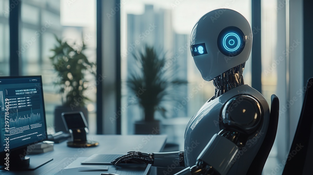 Poster business office where ai-powered data tools assist in decision-making, while a chatbot offers soluti