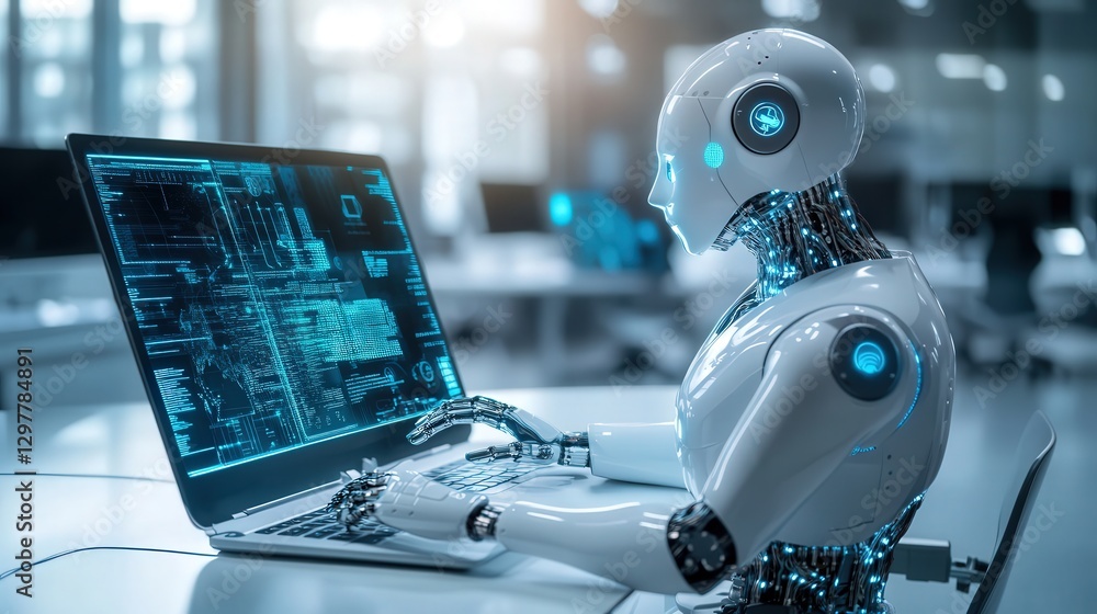 Poster business space where ai tools manage the data analytics, providing predictive insights, while a chat