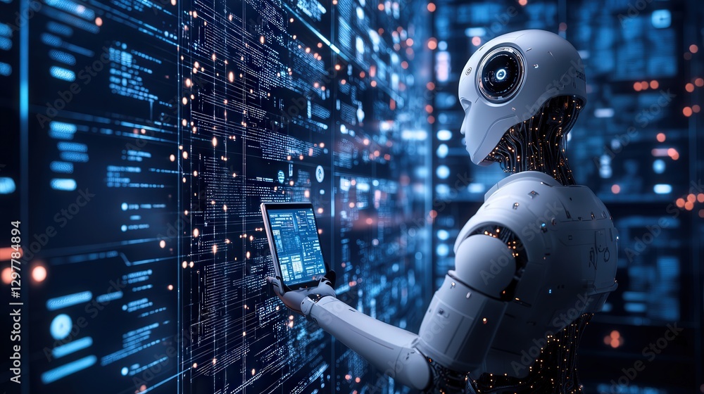 Poster business space where ai tools manage the data analytics, providing predictive insights, while a chat
