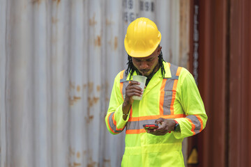 Man in hard hat drinking water at containers cargo, Worker taking a break, Warehouse dock worker using smartphone in shipping container yard