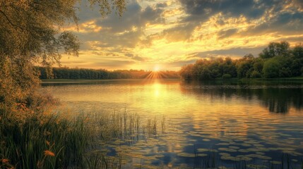 Obraz premium Peaceful sunset over a lake with water lilies and trees.