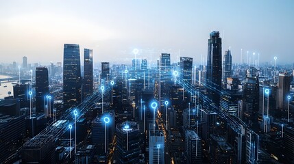 Obraz premium Dynamic Visualization of 5G Signal Towers Emitting Glowing Waves Across a Modern City Skyline Emphasizing Widespread Connectivity for Marketing Materials