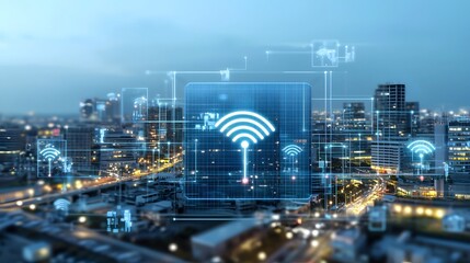 Dynamic 5G network visualization with glowing signal towers and waves across a modern illuminated cityscape backdrop