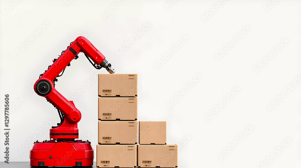 Poster red industrial robot arm stacking cardboard boxes in white background with automated assembly