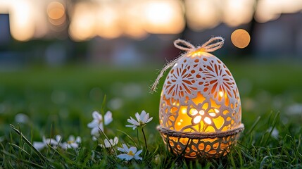 Easter egg basket in spring decoration Glowing decorative lantern on grass, surrounded by flowers at sunset.