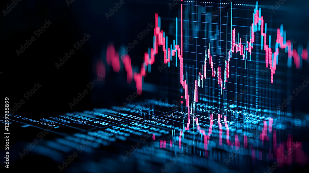 Poster digital financial data chart with blue and red lines reflecting on surface