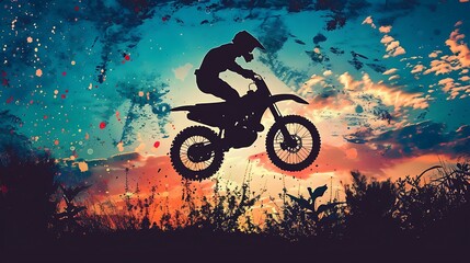 Obraz premium Silhouette of Motocross Rider Jumping with Colorful Abstract Background at Sunset