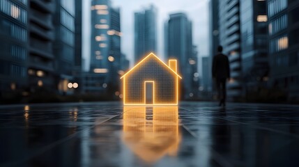 Futuristic and modern glowing home icon with blurred corporate skyscrapers in the background designed for creative real estate promotional materials and branding