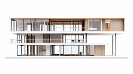 Architectural Sectional View Of Modern Multi-Story Residential Building With Glass And Wooden Elements