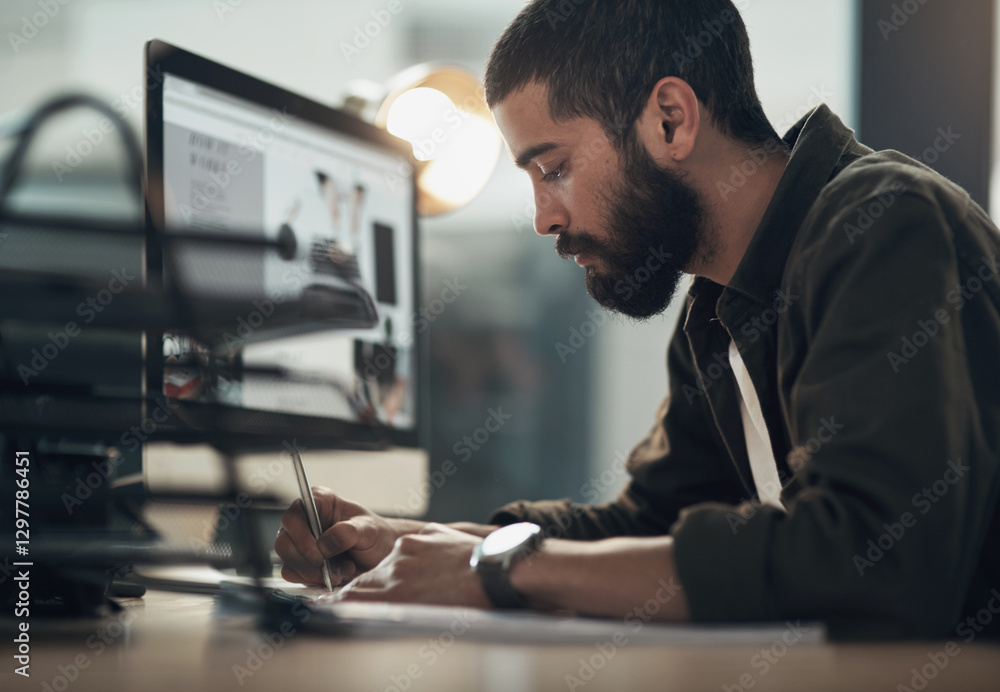 Poster notes, creative and man in office, computer and employee with ideas for project, night and web desig