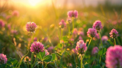 Obraz premium Beautiful pink clover flower in green grass field at summer nature landscape. AI generated image