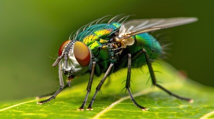 Fototapeta premium Portrait macro view a green fly insect perched on green leaf nature blur background. AI generated